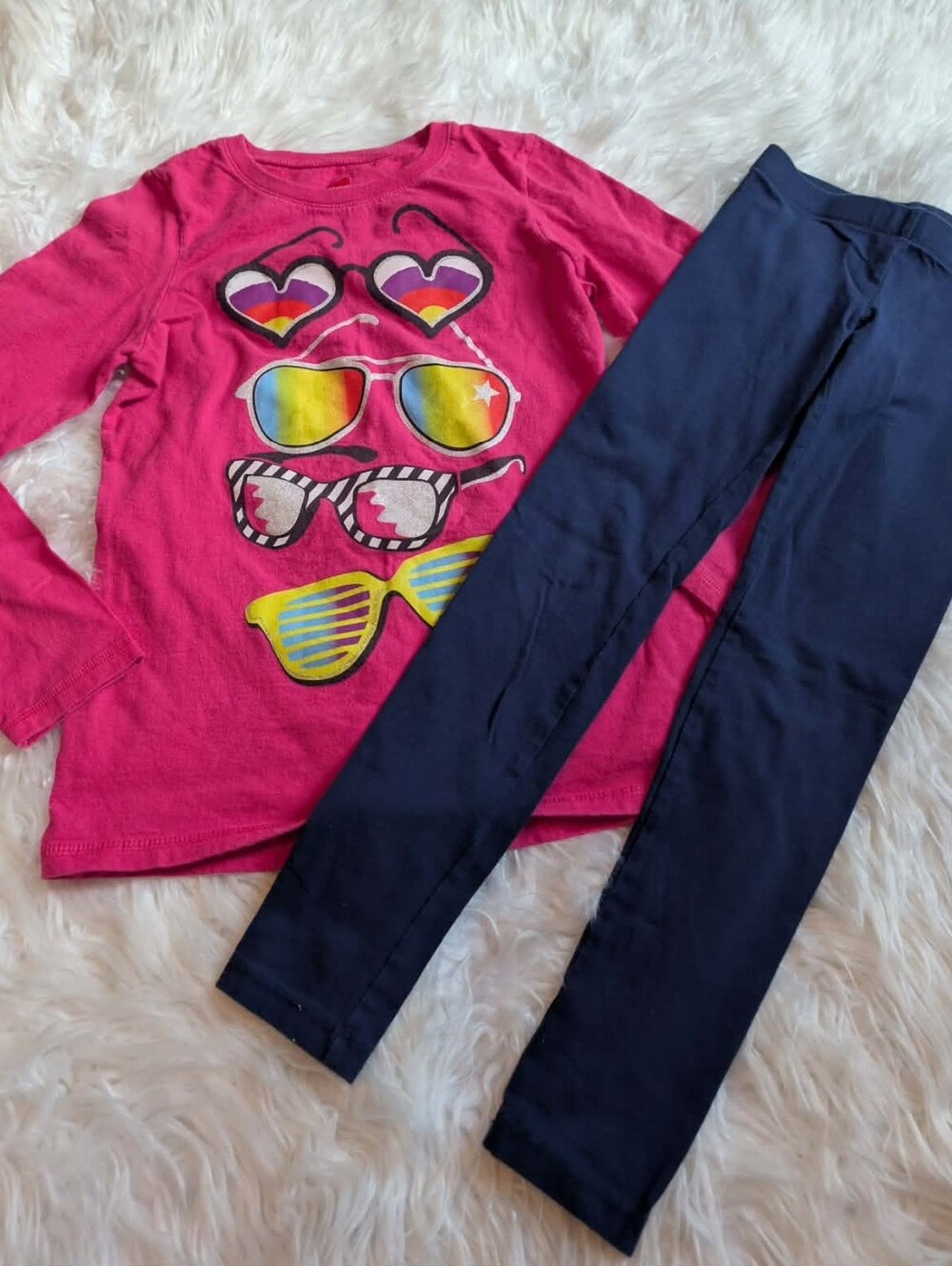 💖10 FOR 20💖2pc Set Hanes Girls Pink Long Sleeve Top with Navy Leggings